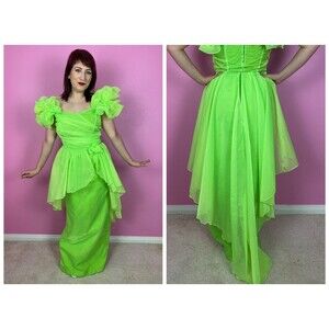 Vintage 1980s 80s Neon Lime Green Draped Peplum Formal Gown Prom Dress Ruffles